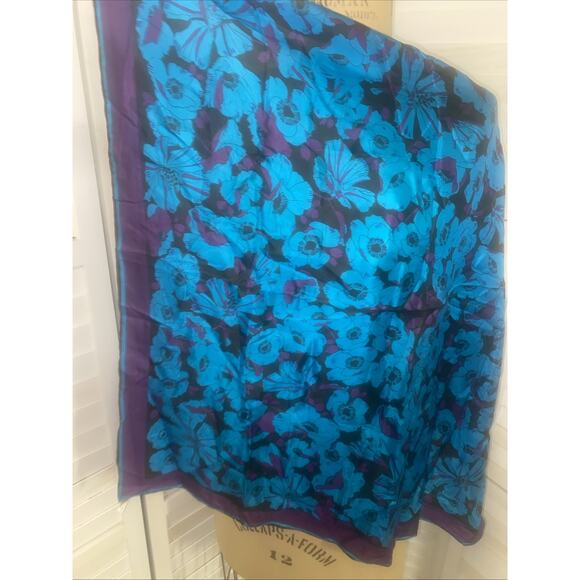 80s Silk 28” Square Scarf Blue Purple Black Hand Rolled Hem - Picture 6 of 7